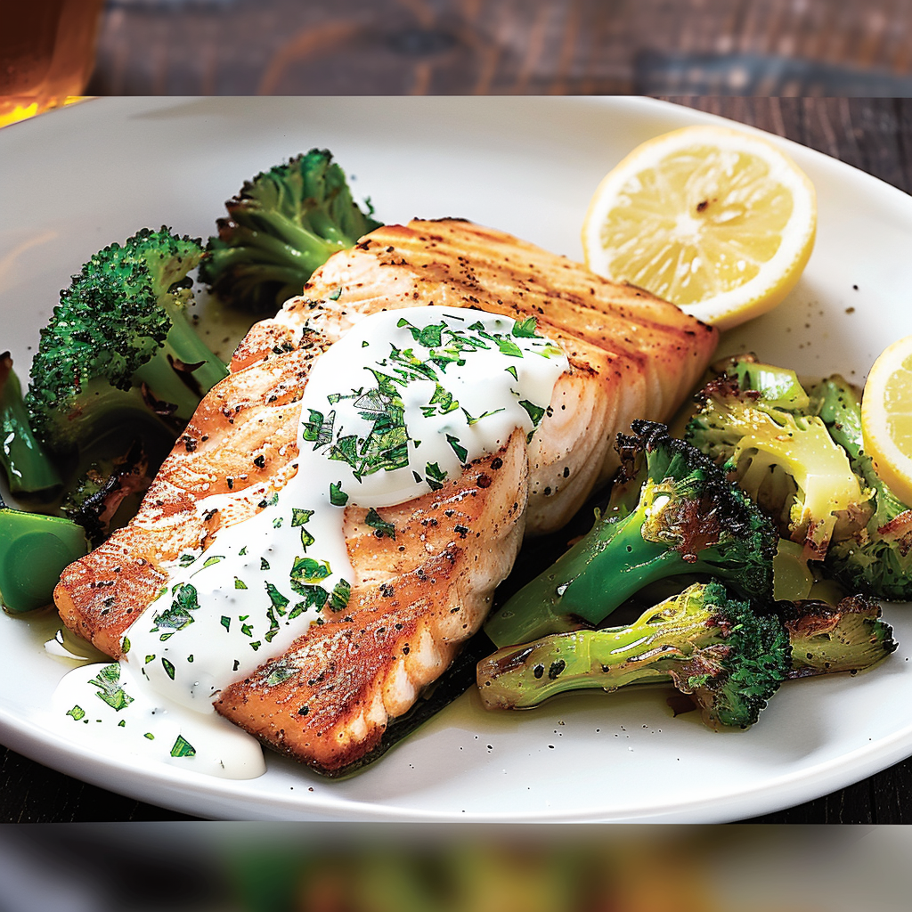 Recipe preparation for Crispy Lemon Herb Salmon with Roasted Broccolini