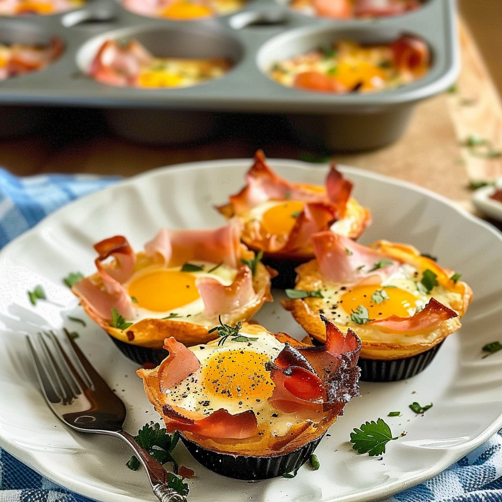 Recipe preparation for Holiday Ham & Cheese Breakfast Puff Cups