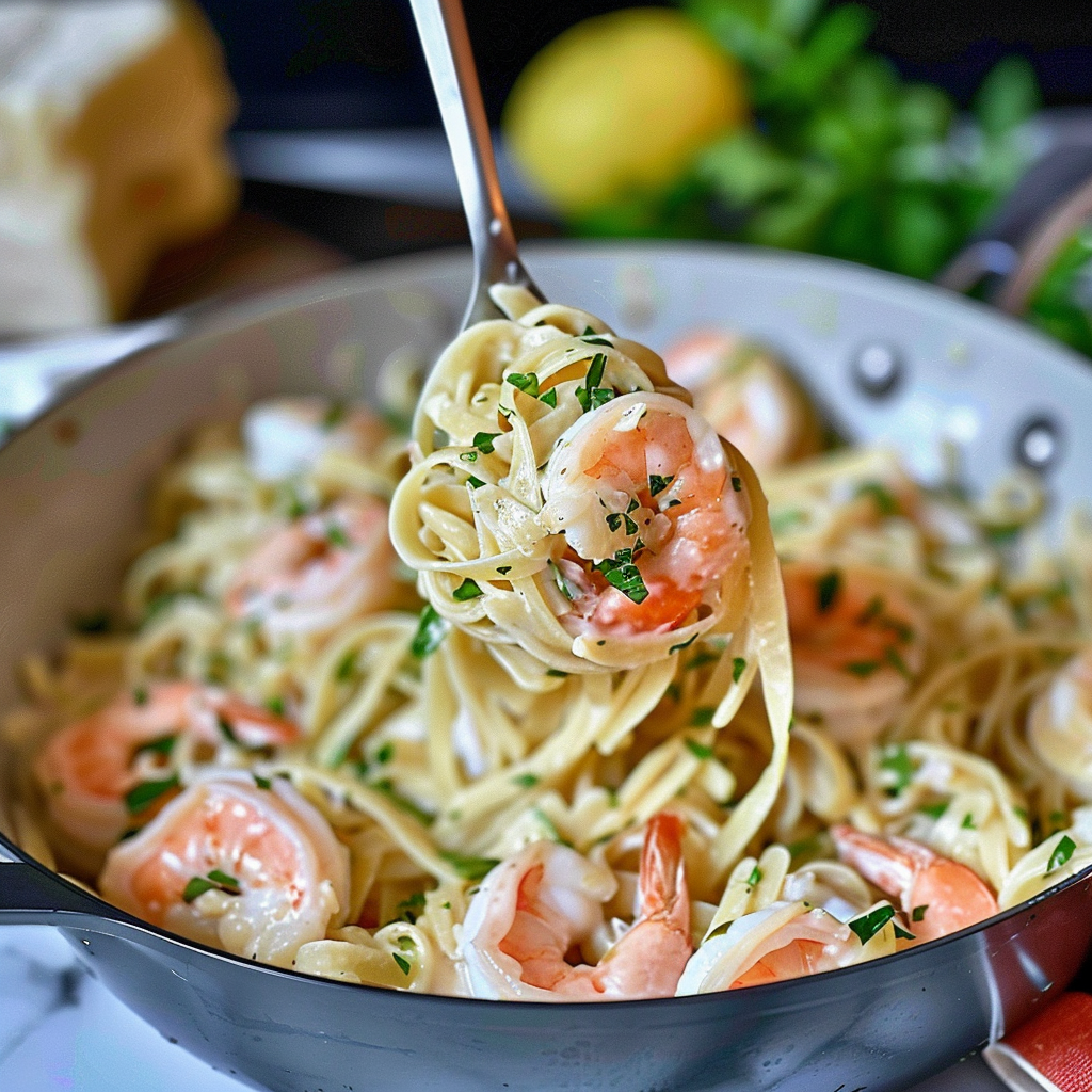 Recipe preparation for New Year Creamy Lemon Garlic Shrimp Pasta