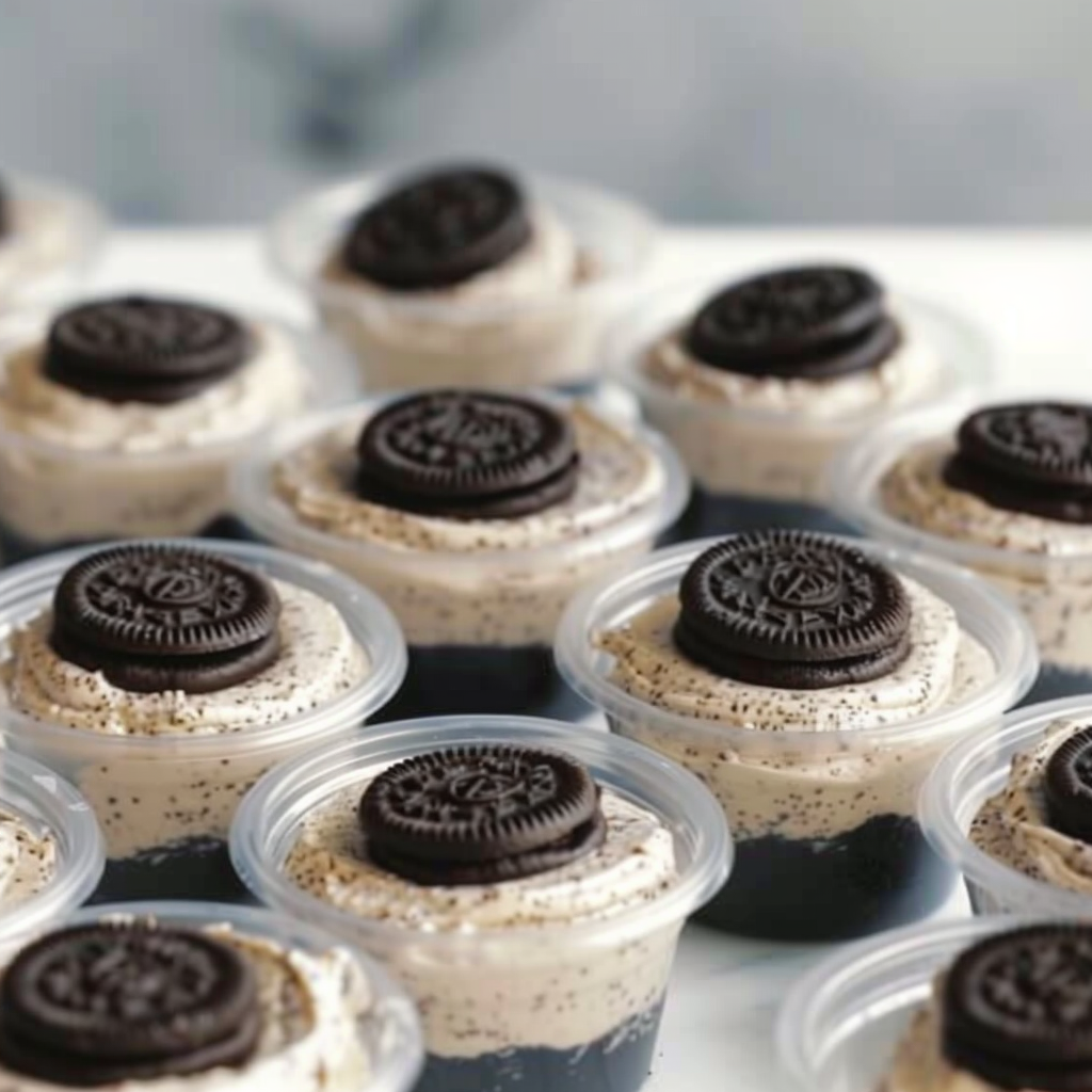 Recipe preparation for No-Bake Snowflake Oreo Cookie Cake Cups