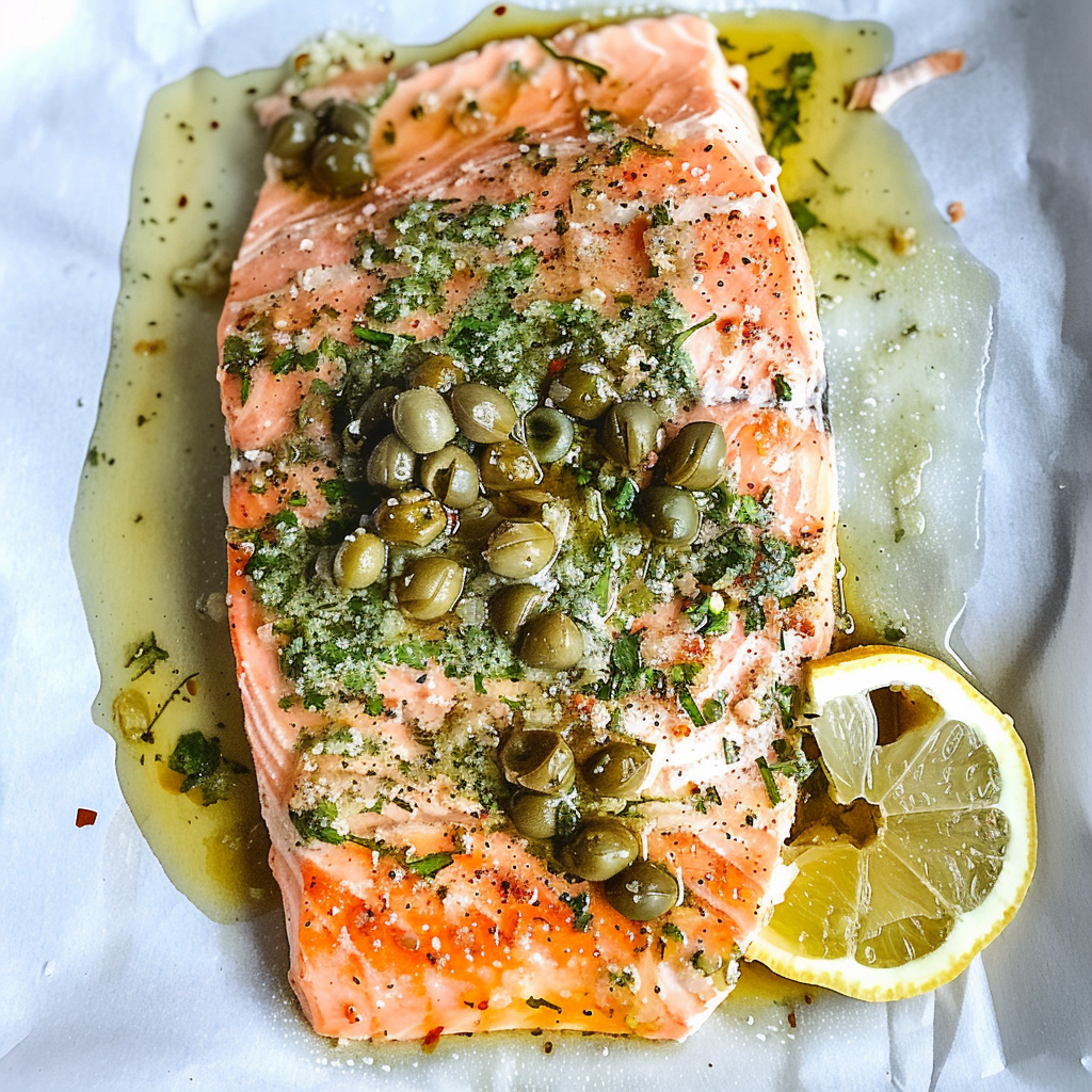 Recipe preparation for Lemon Pepper Roasted Salmon with Crispy Capers