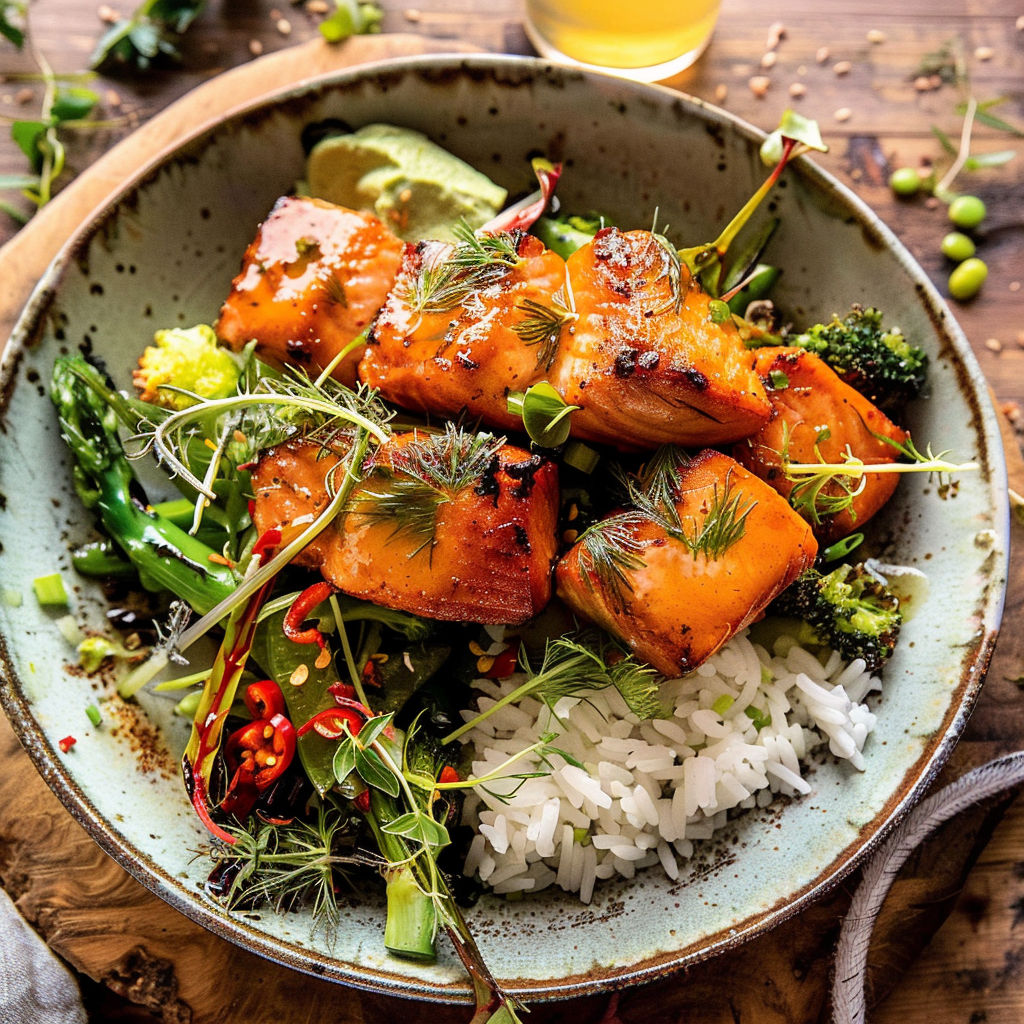 Recipe preparation for Honey Butter Roasted Salmon Rice Bowl