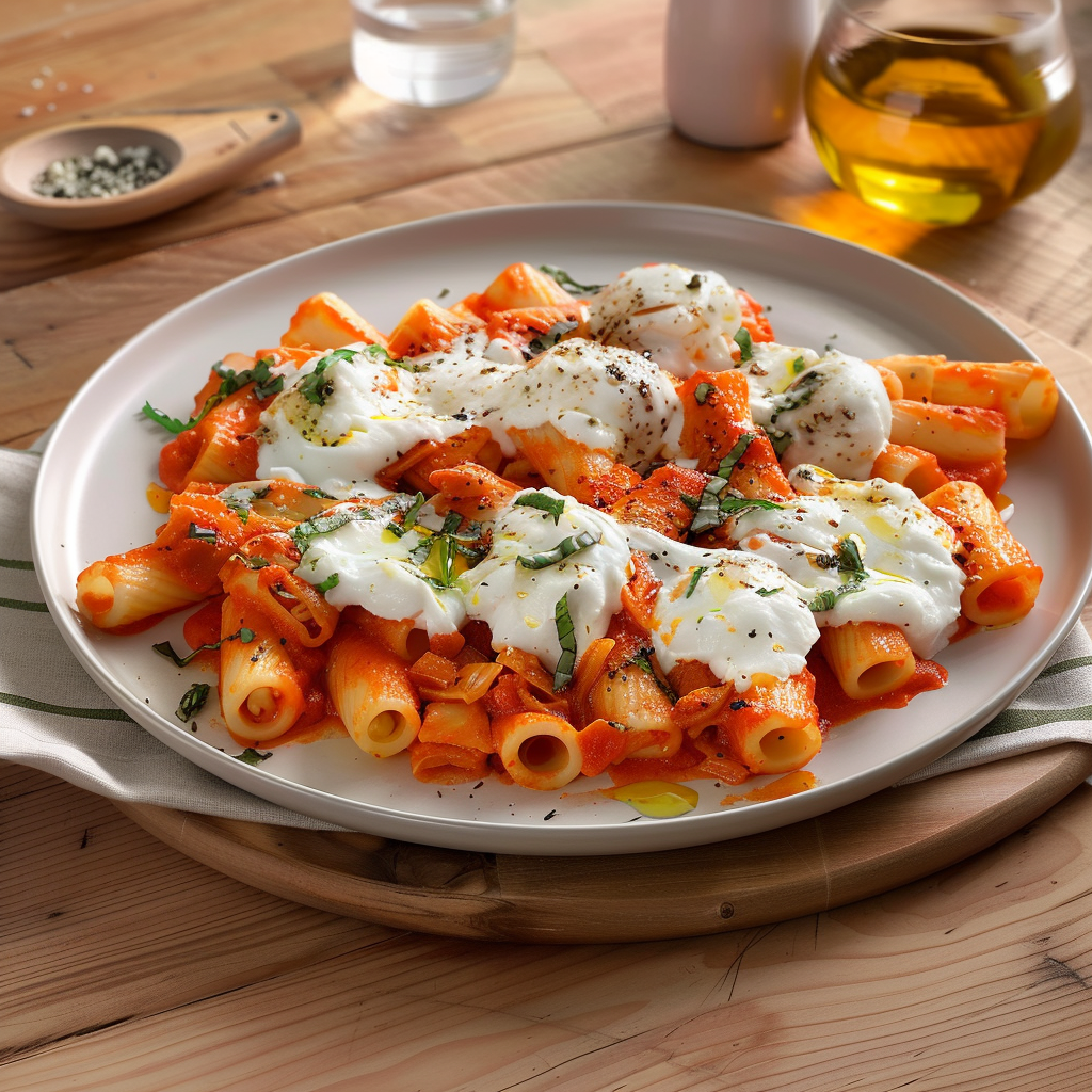 Recipe preparation for Spicy Rigatoni Vodka with Burrata Melt