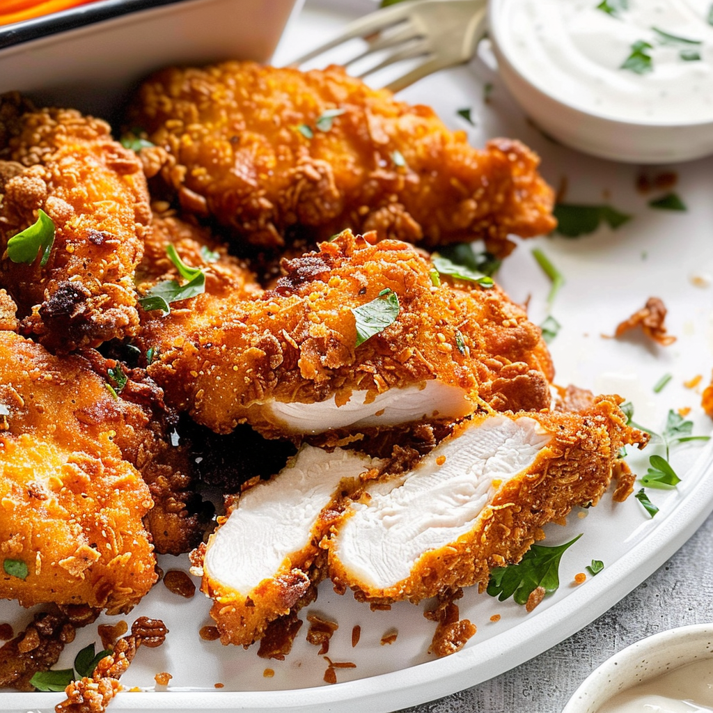 Recipe preparation for Cornflake-Crusted Hot Honey Chicken Tenders