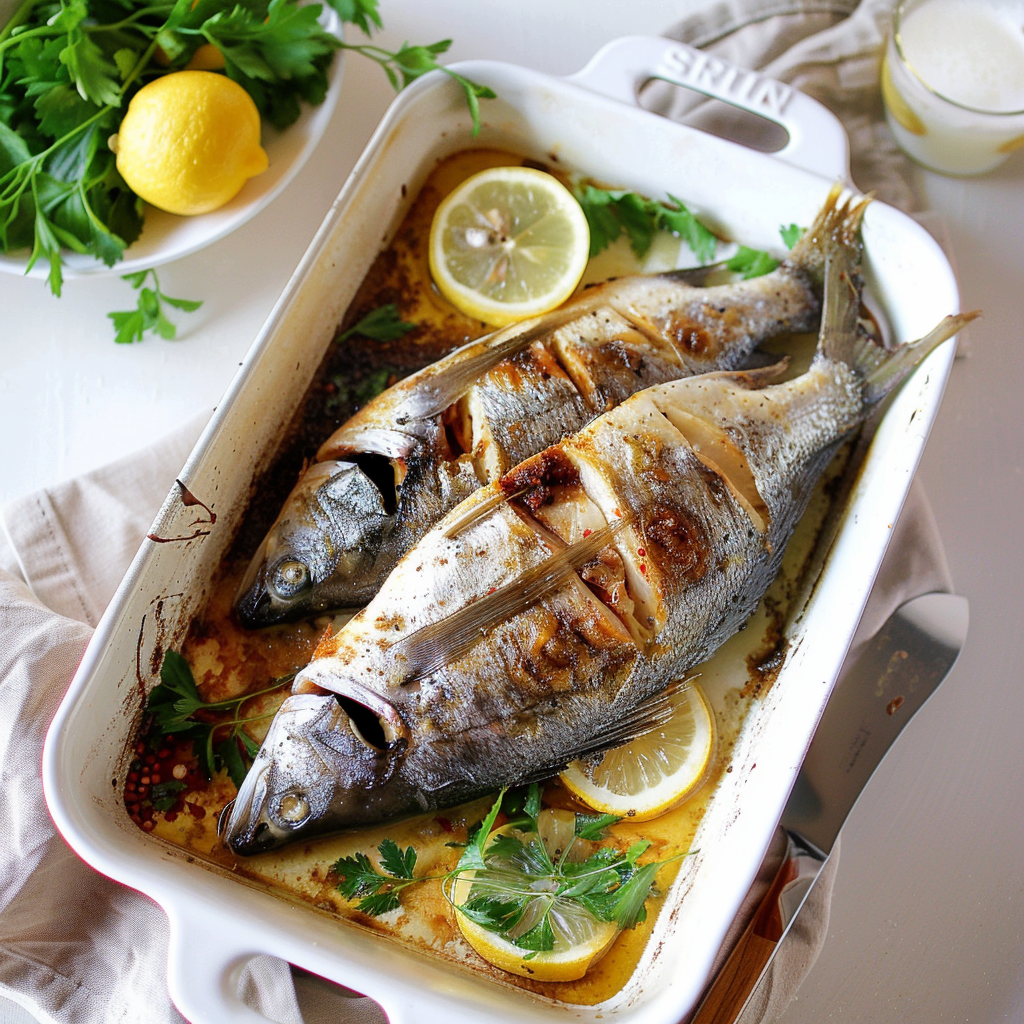 Recipe preparation for Greek Lemon-Garlic Roasted Sea Bream