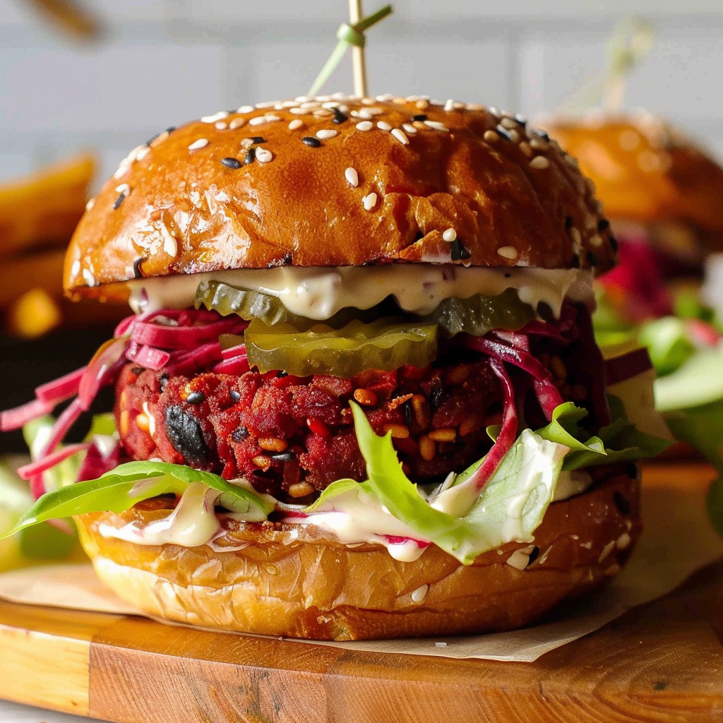 Recipe preparation for Burger with Pickled Beets & Avocado