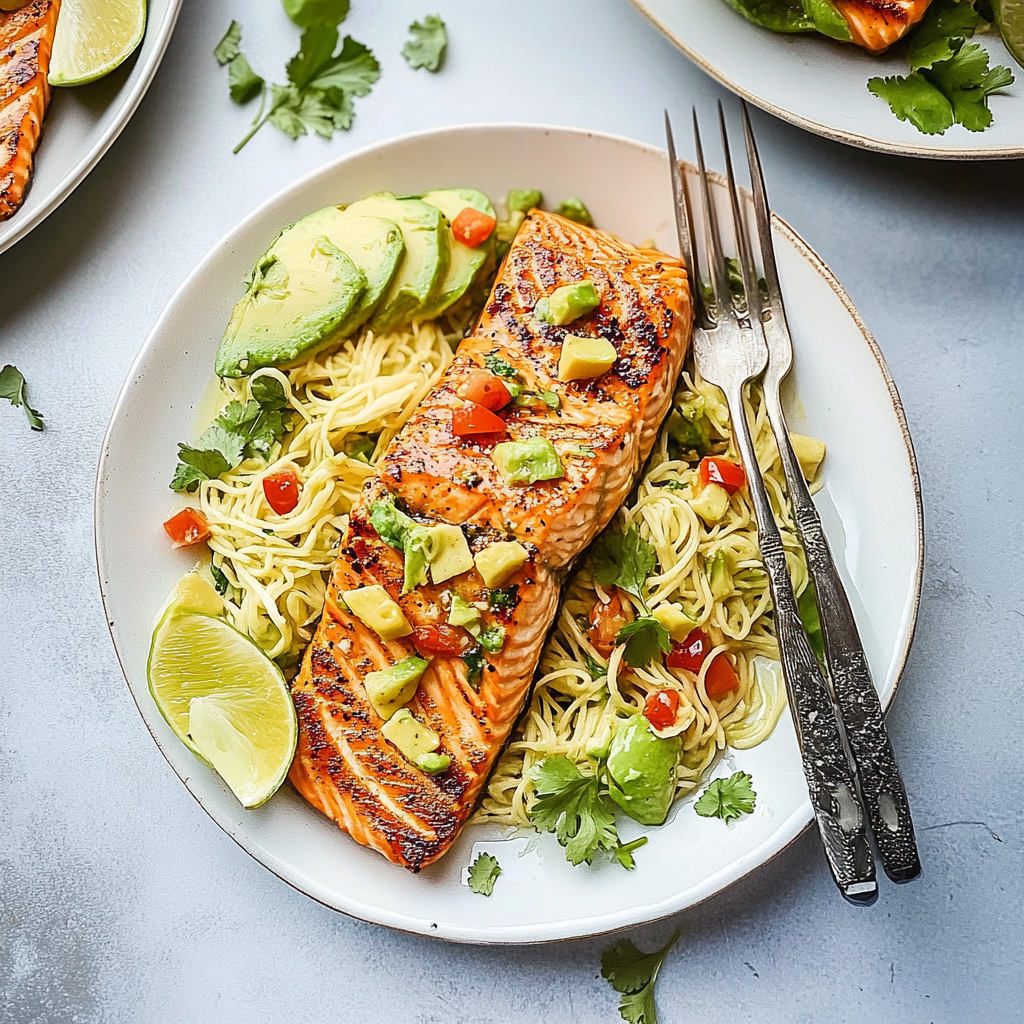 Recipe preparation for Garlic-Lime Glazed Salmon with Smashed Avocado