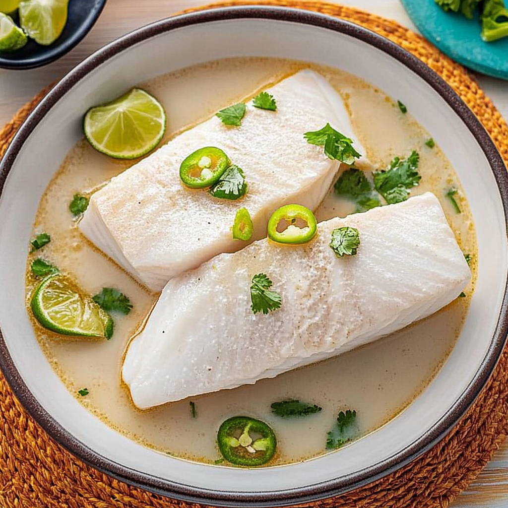 Recipe preparation for Halibut Poached in Coconut-Lime Broth