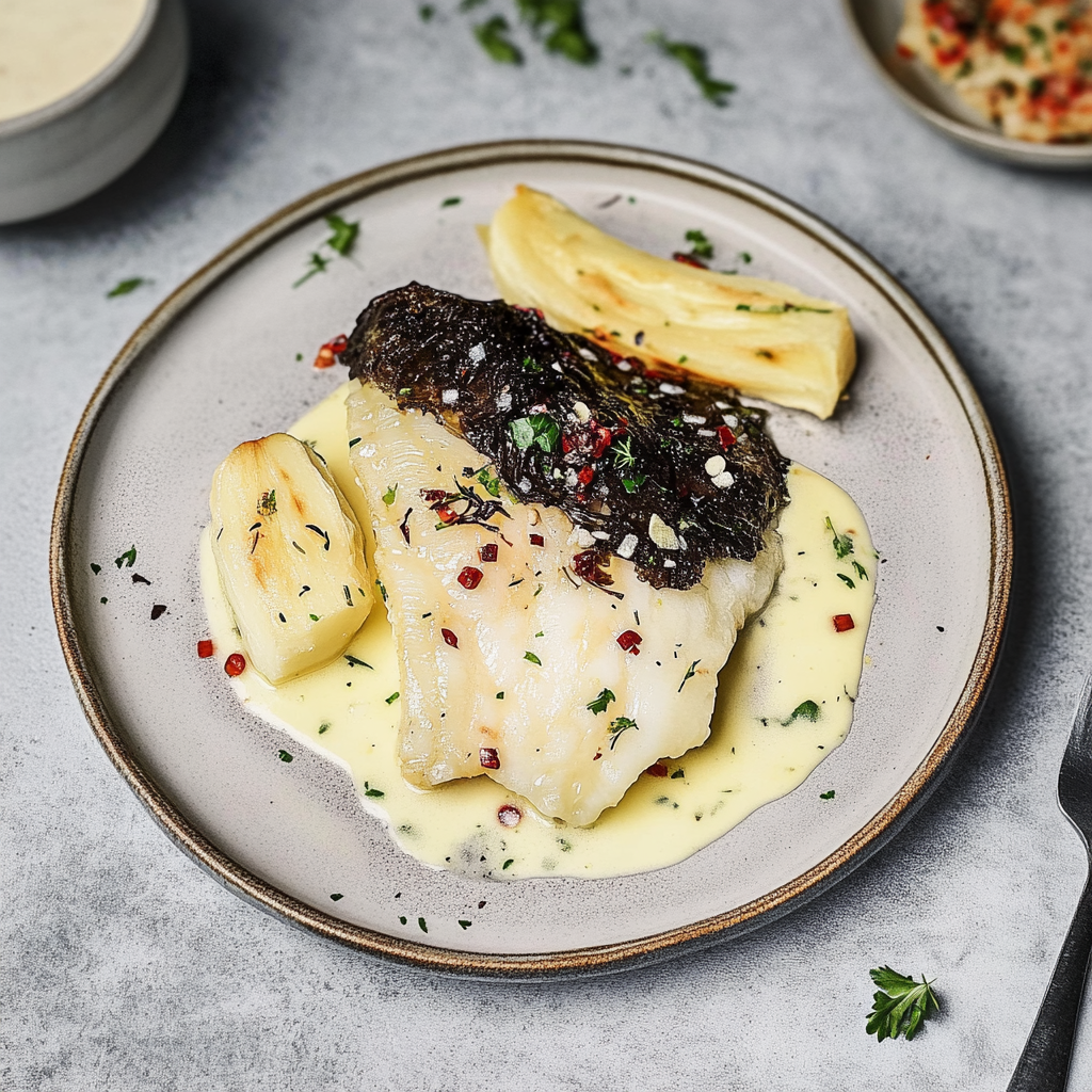 Recipe preparation for Butter-Poached Cod with Parsnip Silk