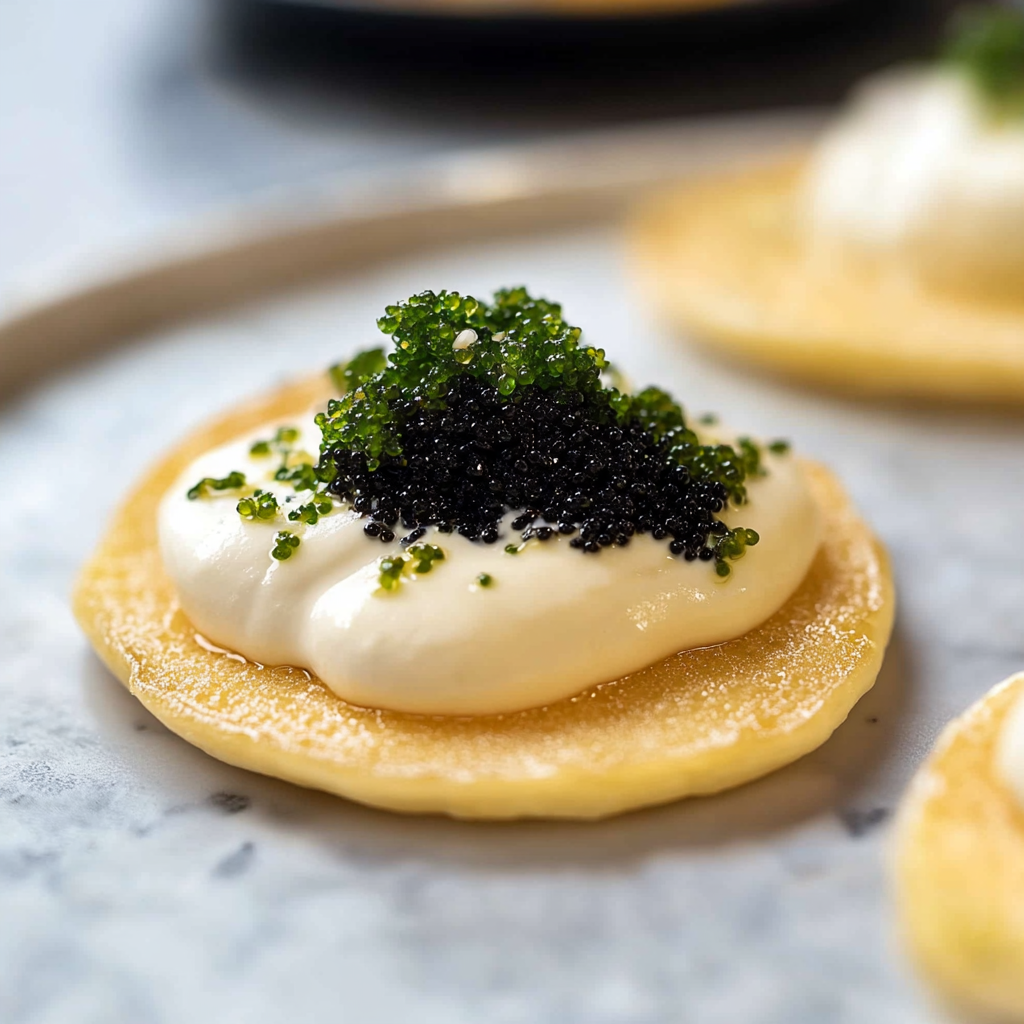 Recipe preparation for Blinis with Crème Fraîche and Caviar
