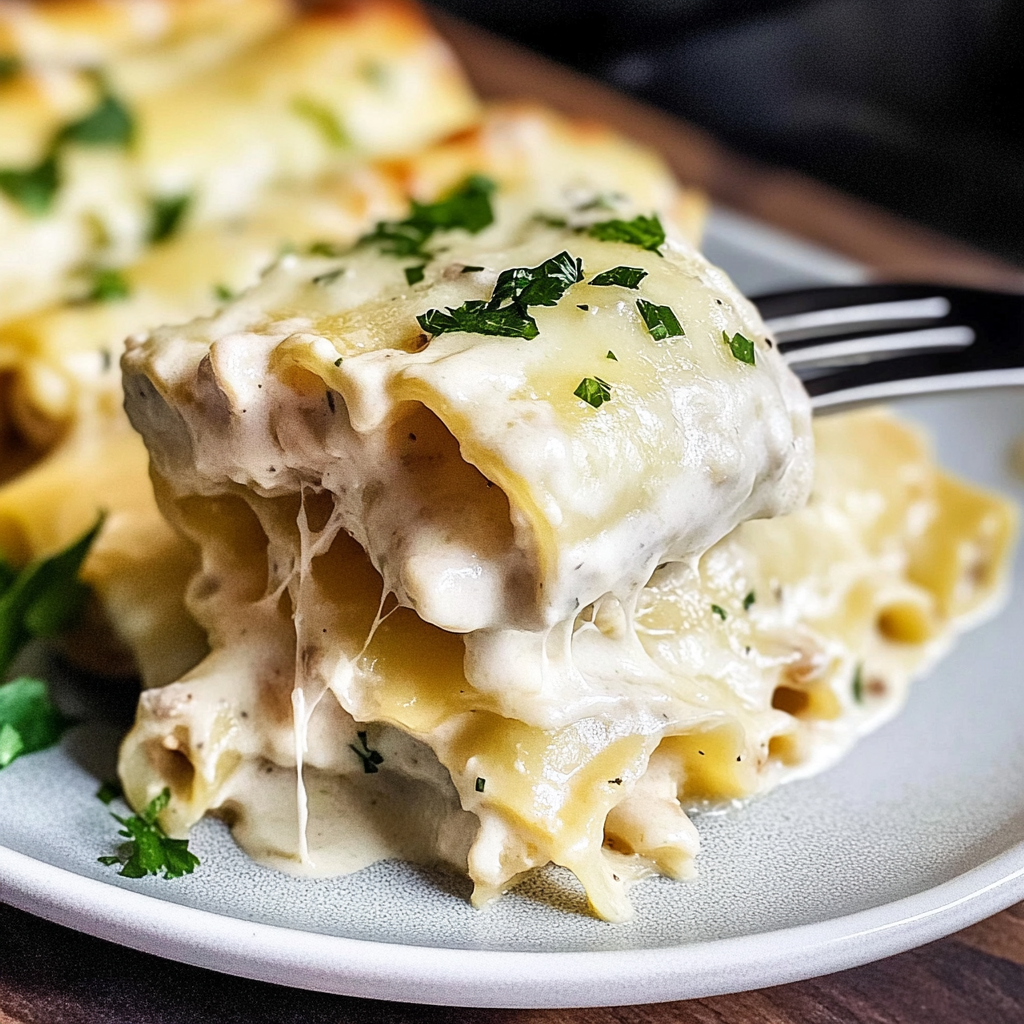 Recipe preparation for Cream-Washed Alfredo Lasagna Rolls