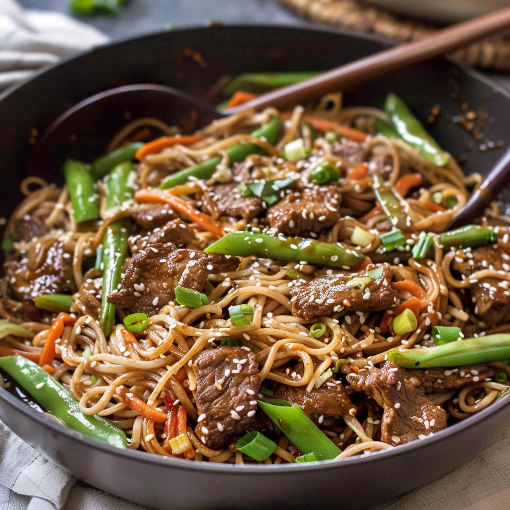 Recipe preparation for 20-Min Beefy Garlic Noodle Bowls