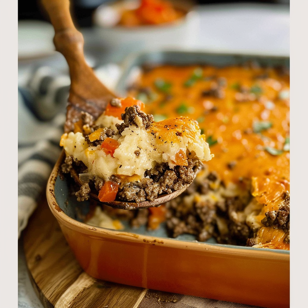 Recipe preparation for Herbed Ground Beef Biscuit Casserole