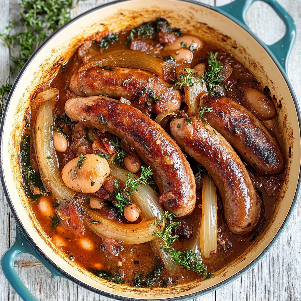 Recipe preparation for Tuscan Chicken Sausages with White Beans and Kale