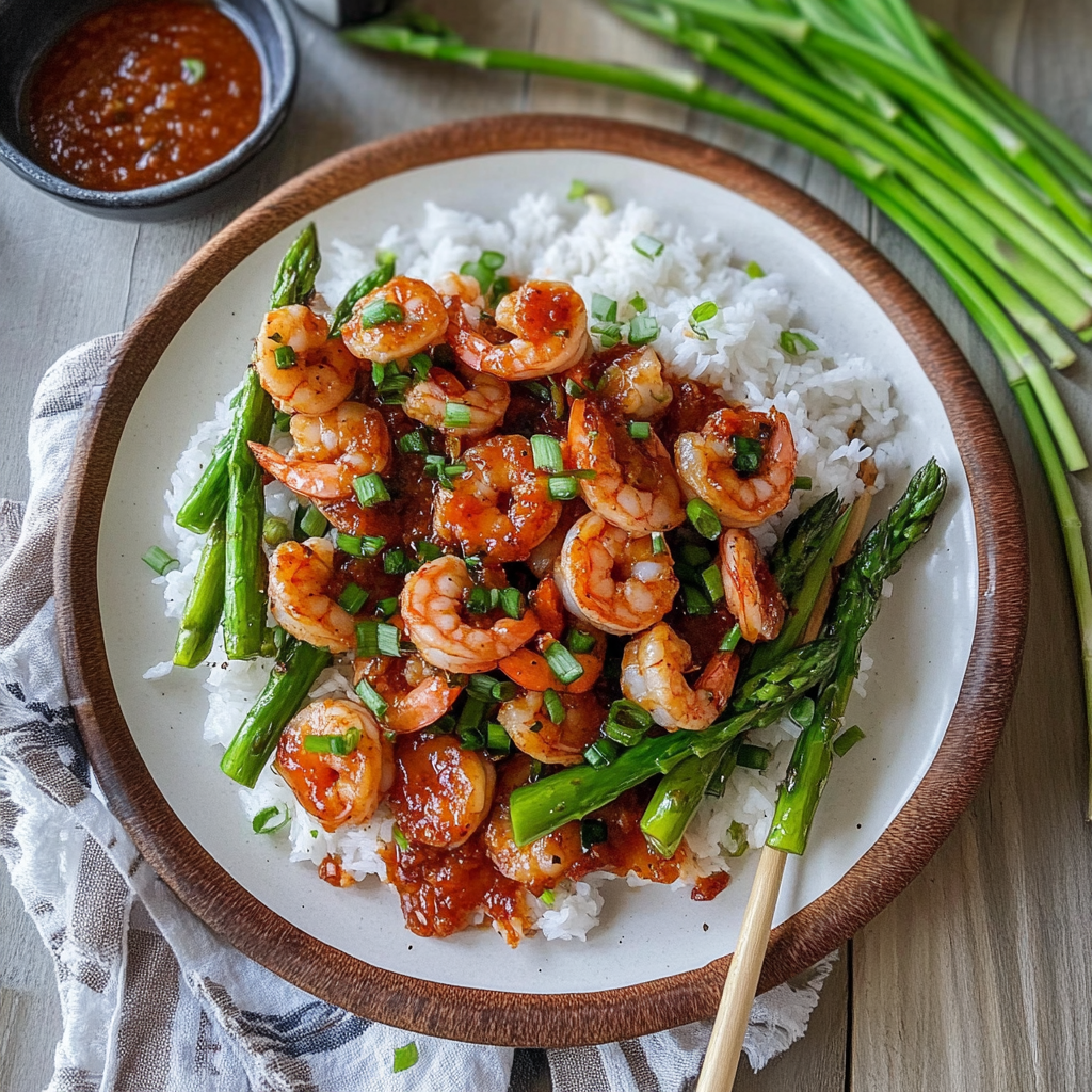 Recipe preparation for Sweet Chili Shrimp with Asparagus