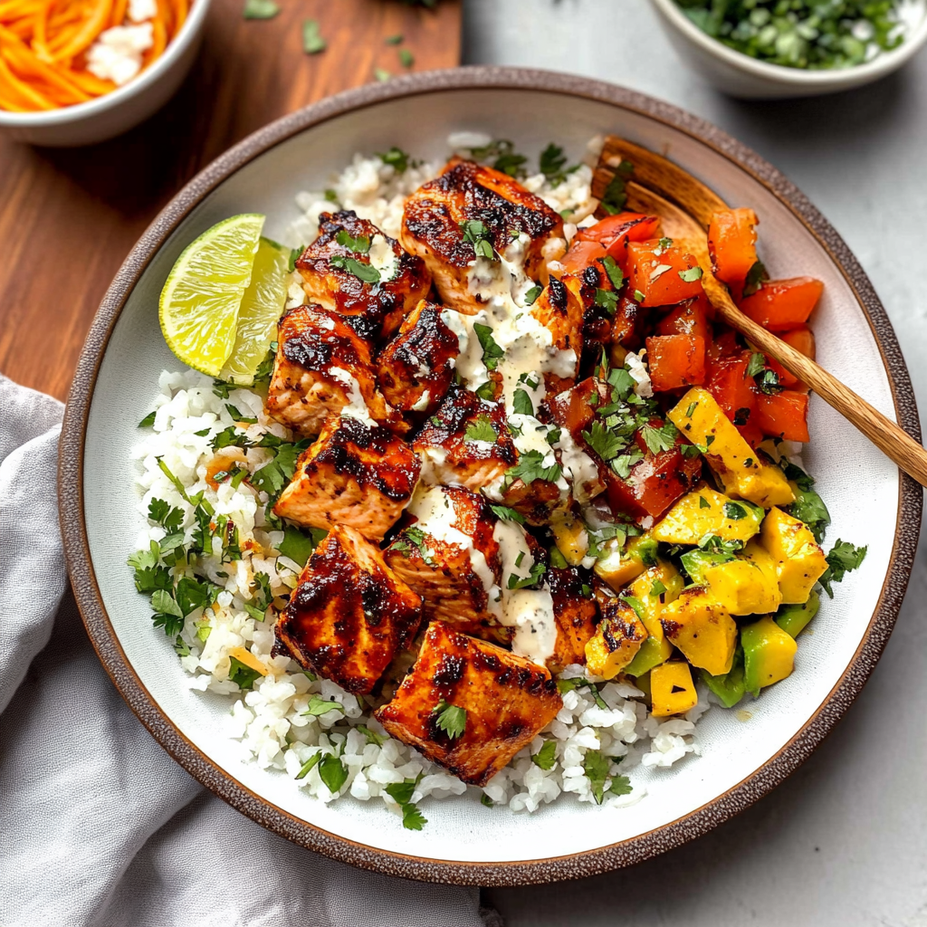 Recipe preparation for Baked Chili Lime Salmon Bowl