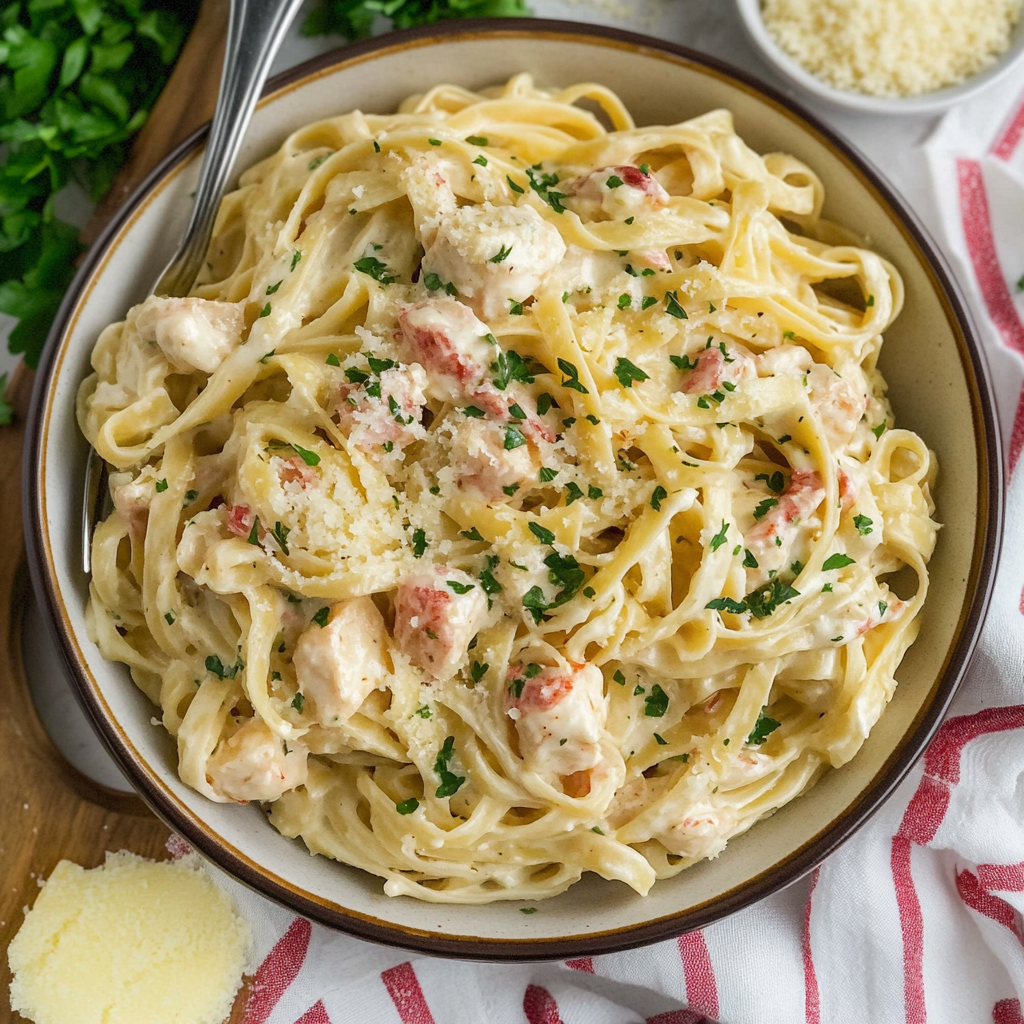 Recipe preparation for Lobster Alfredo