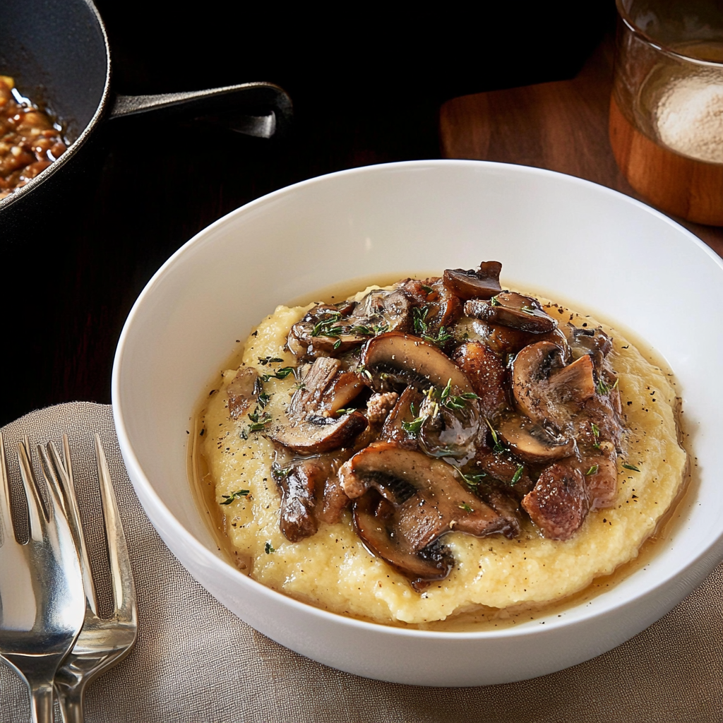 Recipe preparation for Creamy Cornmeal Polenta with Braised Mushrooms