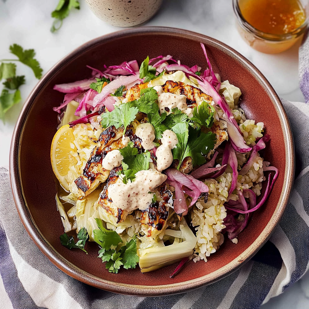 Recipe preparation for Cabbage “Steak” Bowls with Citrus Herb Drizzle