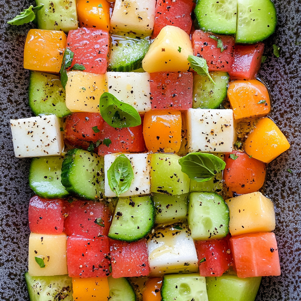Recipe preparation for Melon Mosaic Salad with Hot Honey Vinaigrette