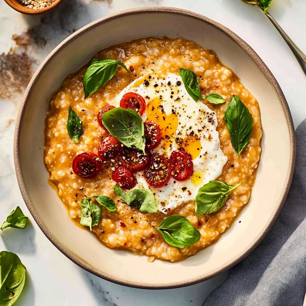 Recipe preparation for Savory Oatmeal with Tomatoes, Parmesan, and Eggs