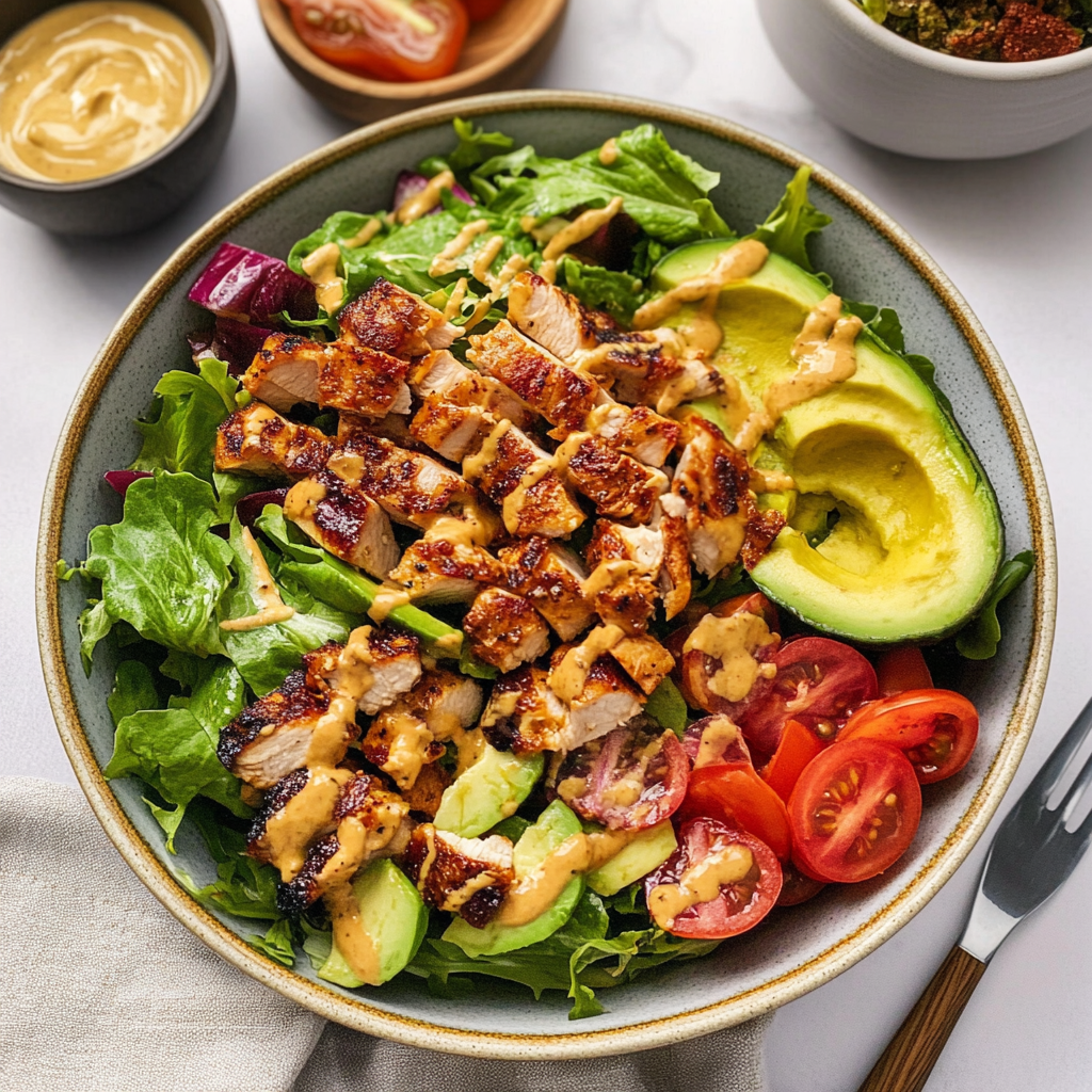 Recipe preparation for Honey Mustard Chicken, Avocado and Bacon Salad