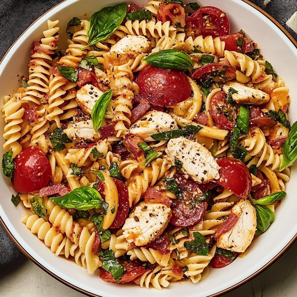 Recipe preparation for Bruschetta Chicken Pasta Salad