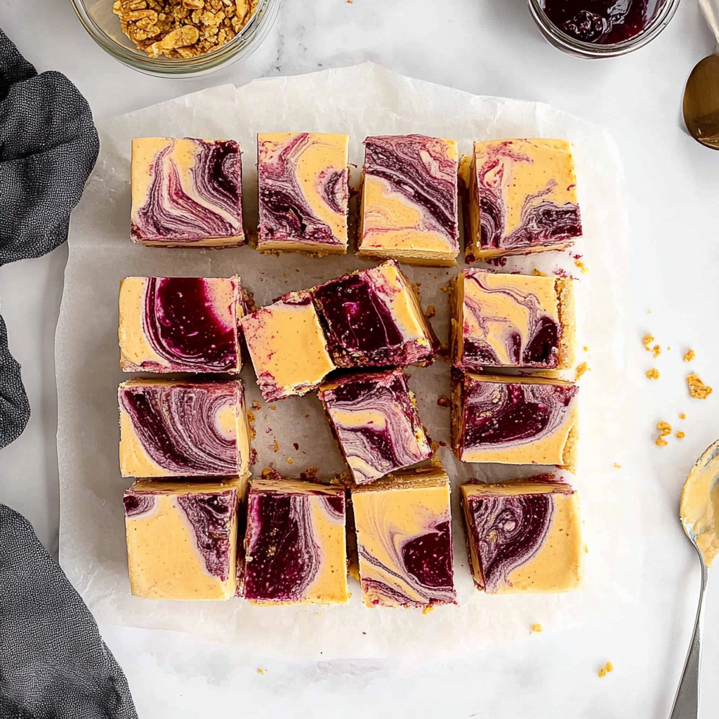 Recipe preparation for No-Bake Peanut Butter & Jelly Cheesecake Bars