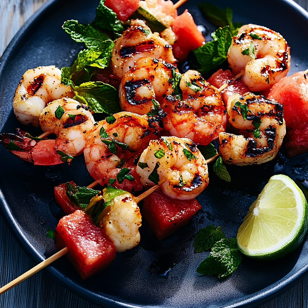 Recipe preparation for Grilled Watermelon and Shrimp Skewers
