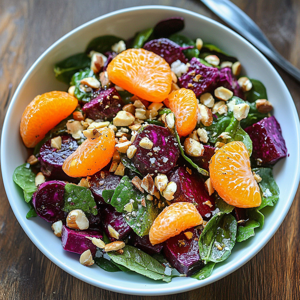 Recipe preparation for Beet Salad with Mandarin, Achar, Pistachios, and Mint