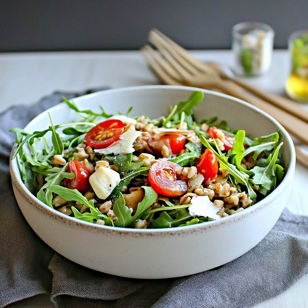 Recipe preparation for Arugula and Farro Salad with Asparagus and Prosciutto