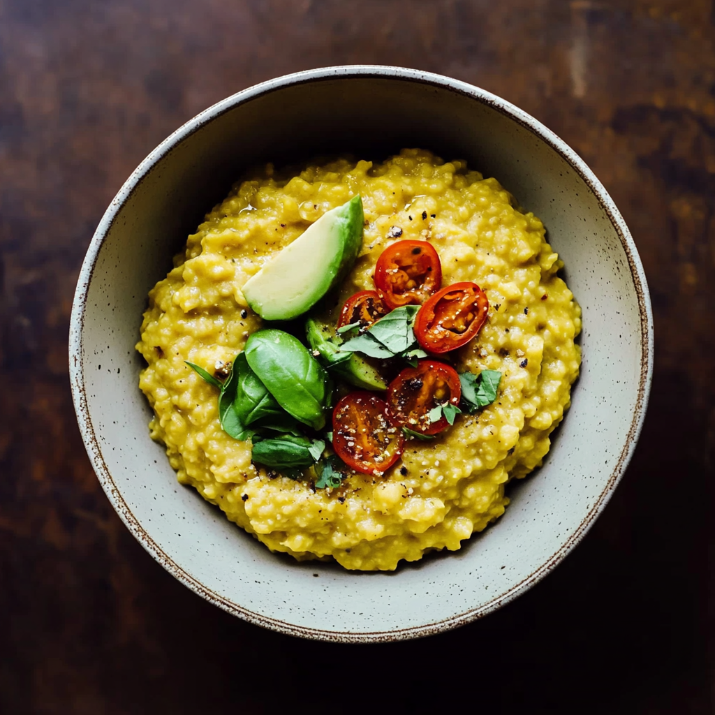 Recipe preparation for Split Pea Porridge with Almonds, Sugar Snap Peas, and Lemon Basil