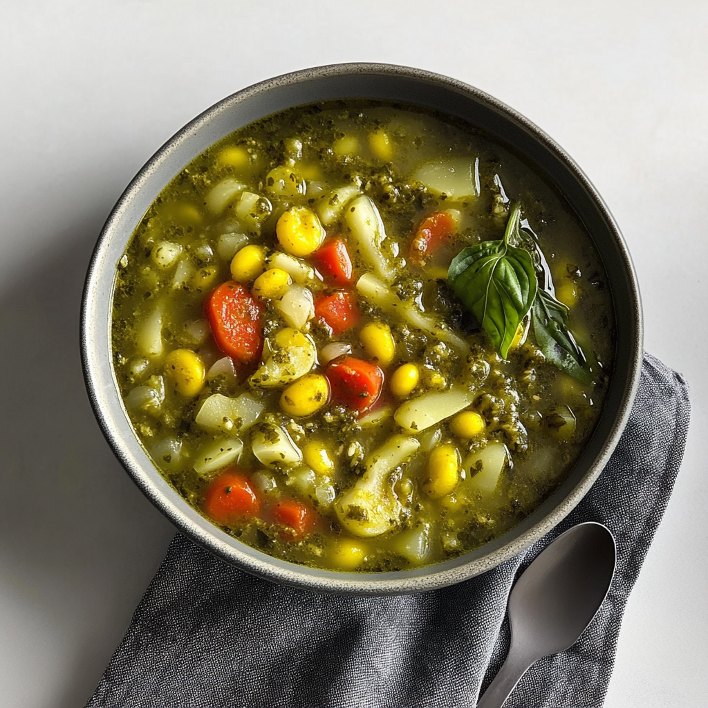 Recipe preparation for Spring Vegetable Soup with Basil Pesto