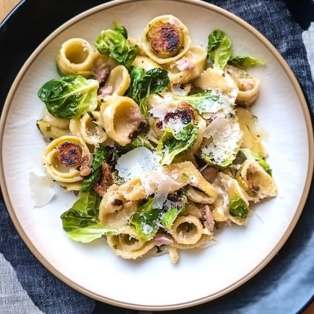 Recipe preparation for Pasta Carbonara with Charred Brussels Sprouts