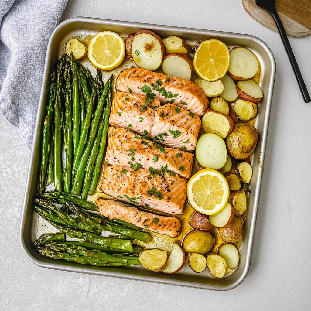 Recipe preparation for Spring Sheet Pan Salmon