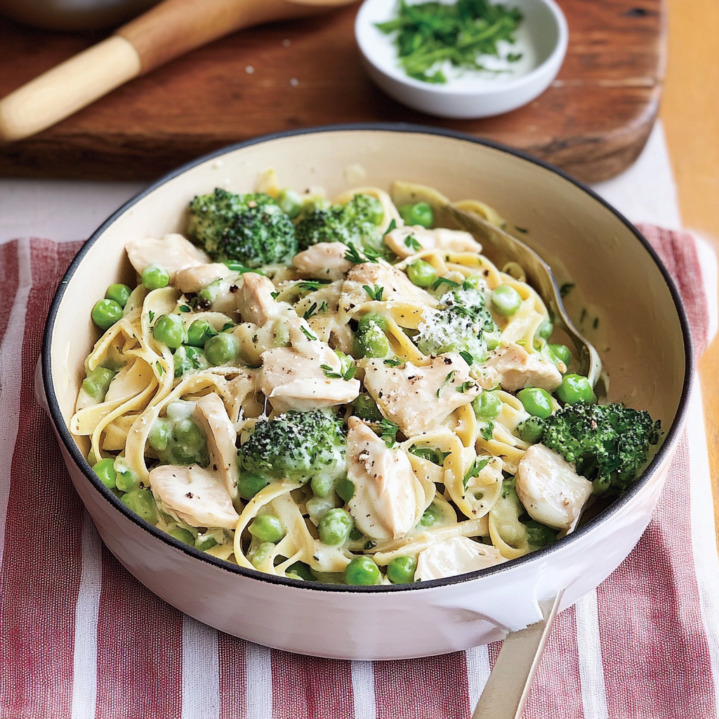 Recipe preparation for Leek and Pea Pasta in a Light Cream Sauce