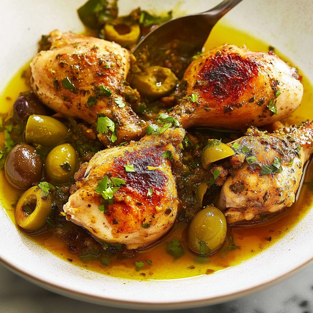 Recipe preparation for Sheet Pan Chicken with Crushed Olives