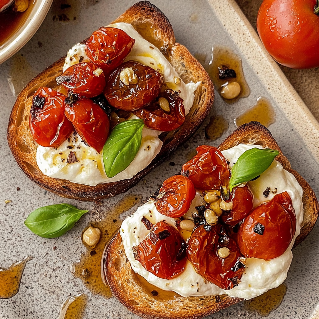 Recipe preparation for Savoury Burrata Toast with Roasted Tomatoes