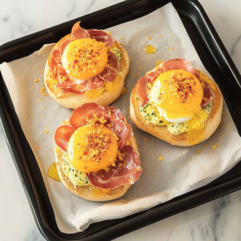 Recipe preparation for Bagel with Egg, Prosciutto & Garlic Butter