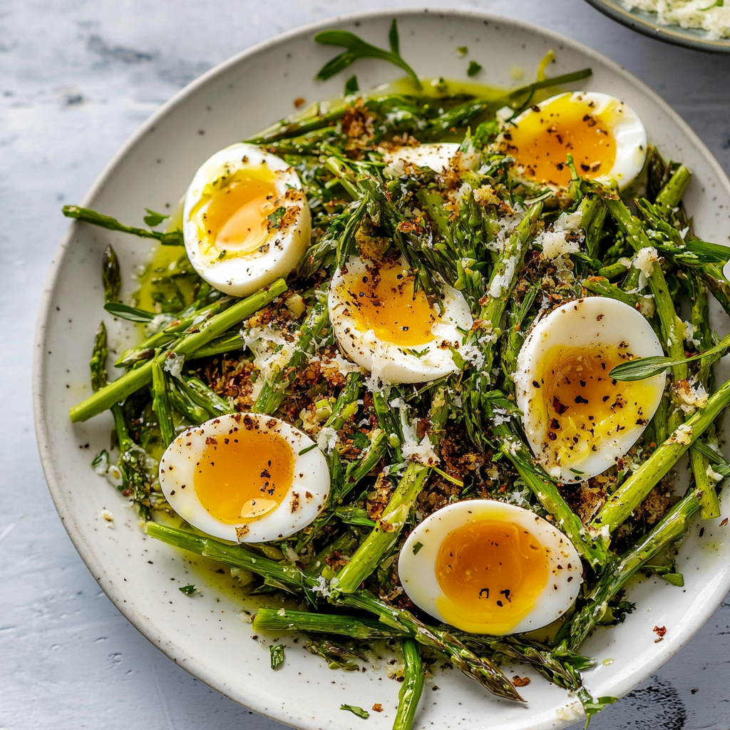 Recipe preparation for Shaved Asparagus Salad with Soft Boiled Eggs